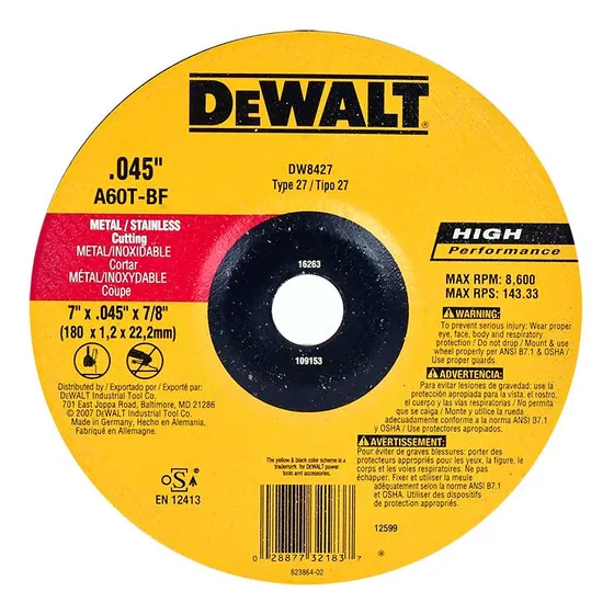 Disco Corte Metal Dewalt Esmeril 7 Pulgadas 7  X 0.45  X 7/8