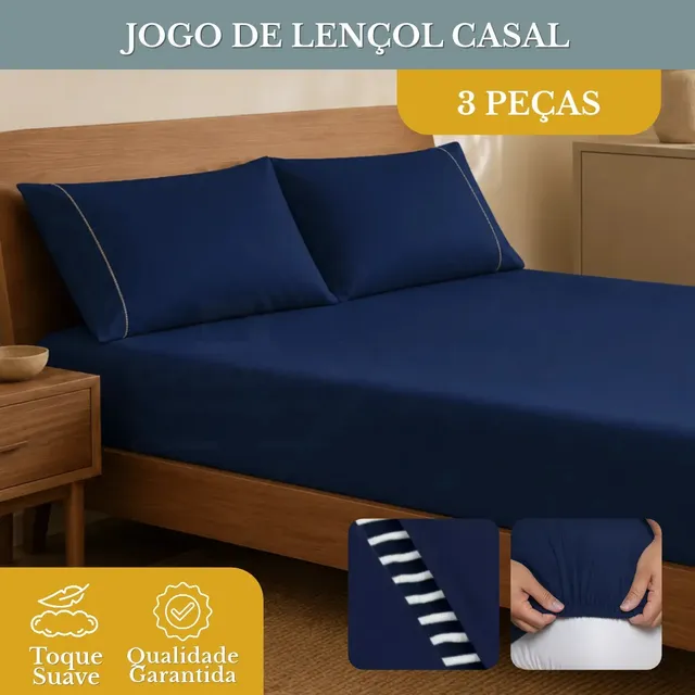 Jogo de Lençol Casal 3 Peças 400 Fios Micropercal Azul-marinho Elástico