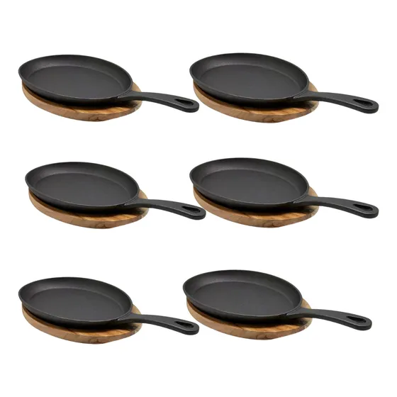 Set De 6 Platos De Hierro Fundido 25 X 18cms + Base Madera