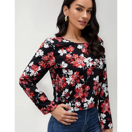 Blusa Con Estampado Floral De Cuello Barco