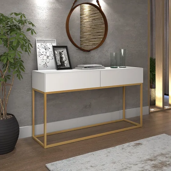 Buffet Duas Gavetas Sala Escritorio Industrial Pé Dourado Cor Branco