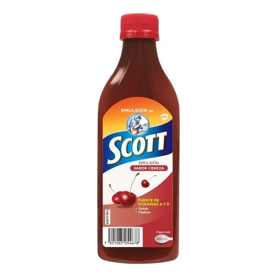 Multivitamínico Emulsión de Scott, Vitamina A, Vitamina D, Fosforo y Calcio, Sabor Cereza, 400 ml