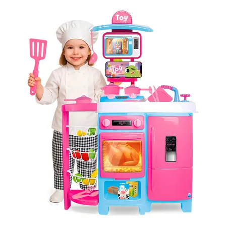 Cozinha Infantil Samba Toys Completa Mega Toy Chef Sai Água E Talheres Rosa
