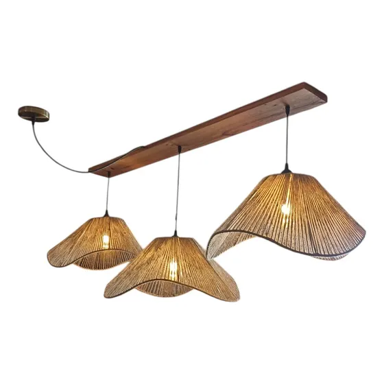 Lampara Colgante Triple Manta En Papel Rafia-base De Madera Marrón