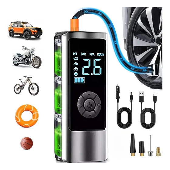 Bomba de Aire Inflador Inalámbrico Casa Rosa con Bateria de 6000mAh para Llantas de Auto Moto Bicicleta Pelota color Negro
