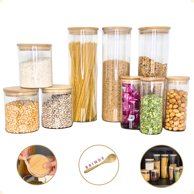 Potes De Vidro Com Tampa De Bambu Pote Hermético Bambu 9unid Potes De Vidro Com Tampa De Bambu Pote Hermético Bambu 9unid