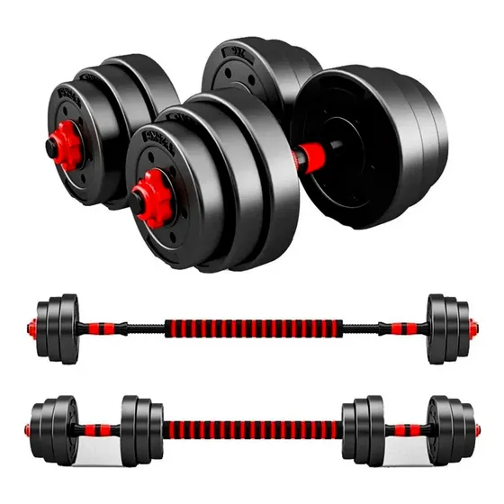 Set 30 Kilos Pesas + Mancuernas + Adaptador De Barra Recta Color Rojo Con Negro