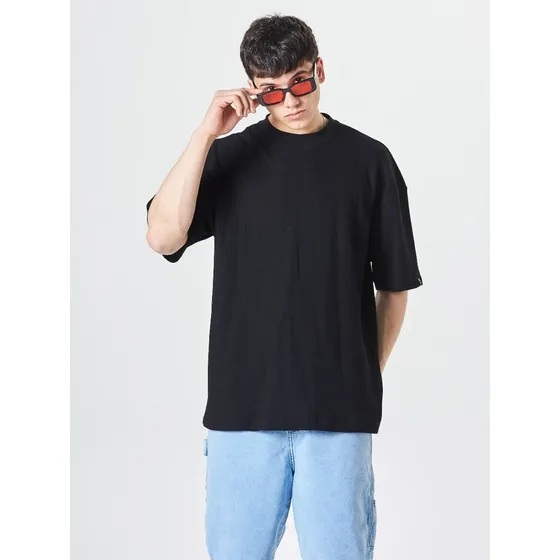 Remera Basica De Waffle Oversize Con Cuello De Ribb