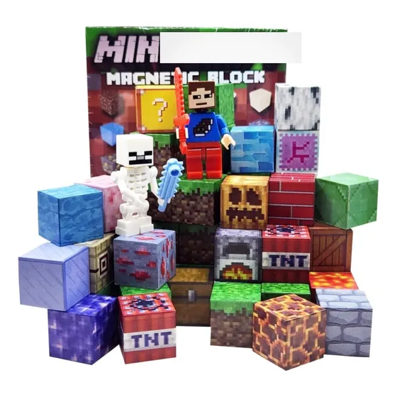 50 Bloques Magnéticos Cubos Pixel Minncraft + 2 Figuras Azar 50 Minecraft