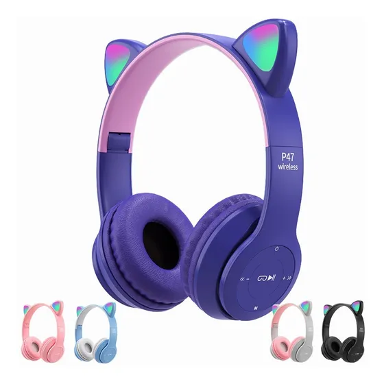 Audífonos Bluetooth 5.0 Luminoso Gato Diadema para Niños y Adultos, Gamer Audífonos Inalámbricos P47 Con Luz Led Plegable Carga USB Violeta