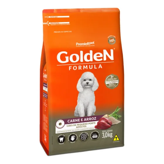 Ração Golden Fórmula Mini Bits Cães Adultos Pequeno Porte Carne e Arroz 3kg Original