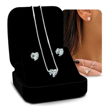Kit Corrente Colar Veneziana Prata 925 + Par De Brinco Luxo Feminino Coração 45cm Prateado