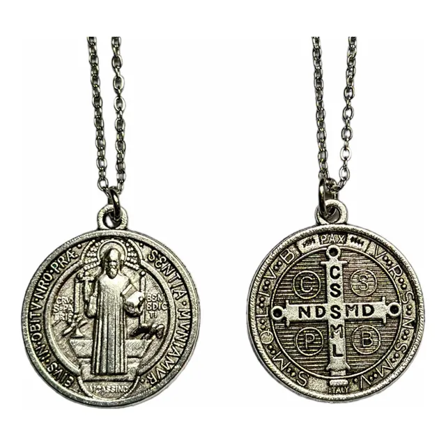 Medalla San Benito 25mm Plata Tibetana Cadena Acero Fina