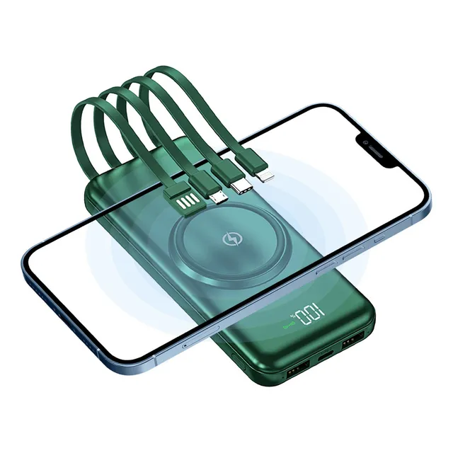 Power Bank Pila Batería Recargable Kimhi Cargador Inalambrico 20,000mah Carga Rapida Portatil Color Verde Con 4 Cables Y 2 Puertos Usb Cargador Para Celular Tablet Banco De Energia Pantalla Led