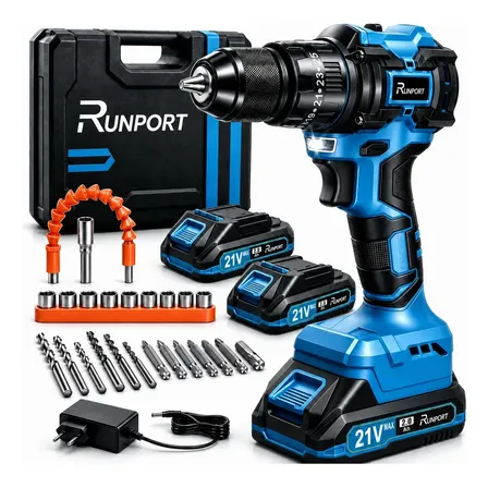Furadeira Parafusadeira Impacto Brushless 21V Runport 40N.m Motor Sem Escovas 2 Baterias 2.0Ah Maleta Kit Brocas Bits Madeira Metal Concreto