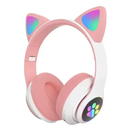 Fone de Ouvido Bluetooth Infantil Gatinho LED Dobrável MP3 Rosa