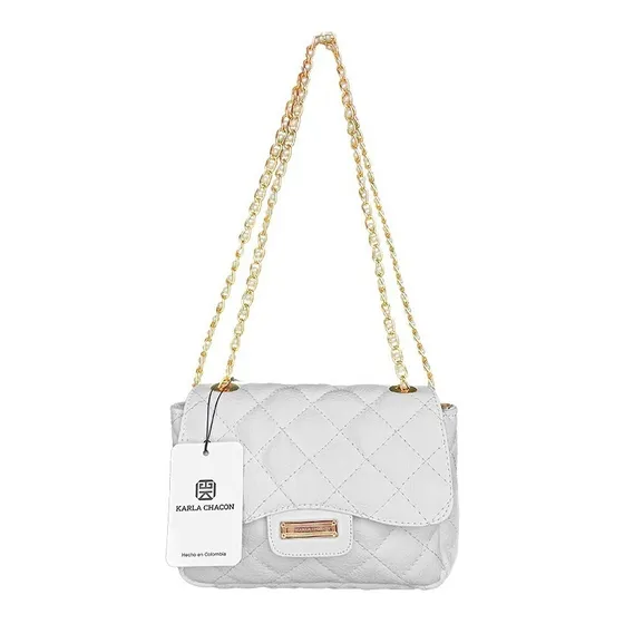 Bolso Mujer Dama Niña Bolsa Manos Libres Marca Karla Chacon Color Blanco Correa de hombro Dorado Diseño de la tela Liso