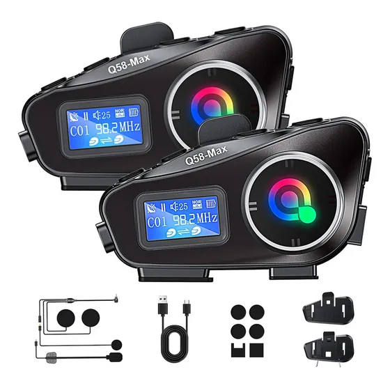 CARLAM Intercomunicador Moto Bluetooth para Casco Audifonos stereo leds Auriculares 1000mah FM audio Música Ip67 Walkie talkies 2 piezas - G58 MAX