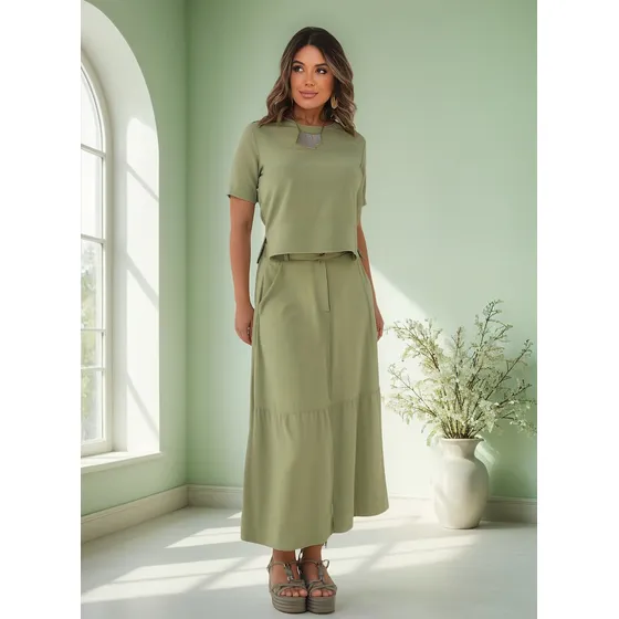 Conjunto Saia Longa E Blusa Alfaiataria Moda Primavera