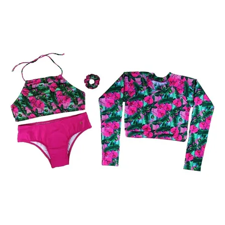 Kit Biquini Infantil+cropped Manga Longa Proteção Uv Grappin