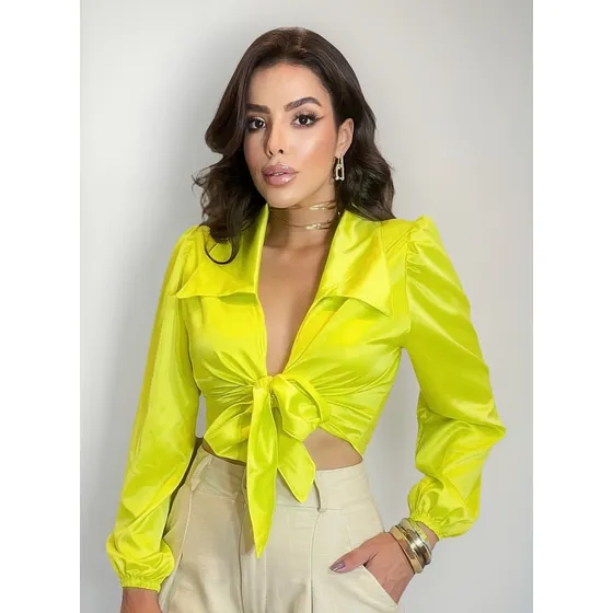 Camisa Feminina Cropped Curta Estilosa Blusa Cetim Manga