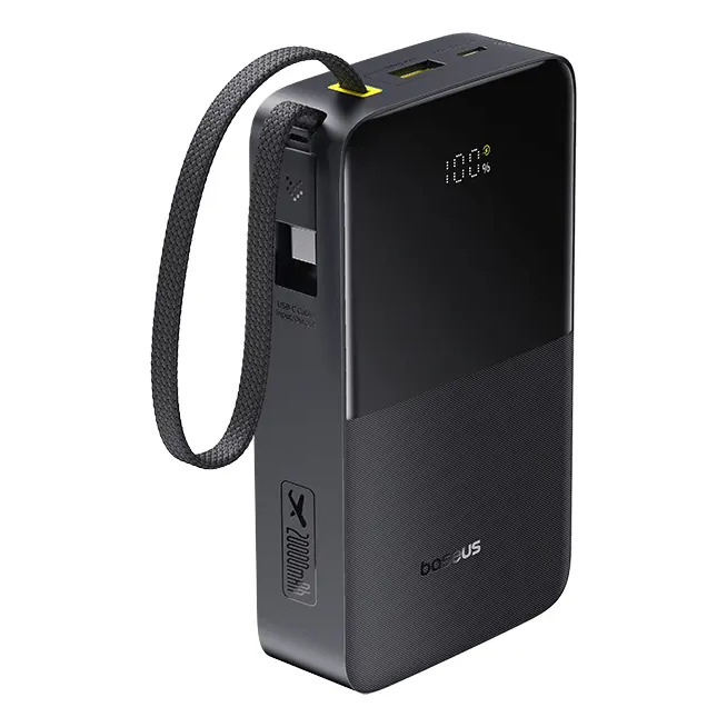 Power Bank Baseus Bipow2 Pro FC51 20000mAh 22,5W Carregamento Rápido Cabo USB-C Integrado Display Digital Carrega 3 Dispositivos Proteção Inteligente Preto