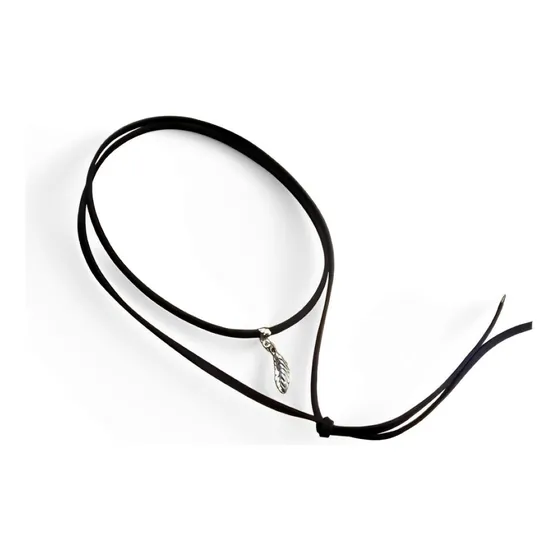 Gargantilha Dupla Choker  Couro Duas Voltas Folha Bijuterias