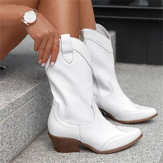 Botas Étnicas De Tacón Medio Para Mujer De Media Pantorrilla