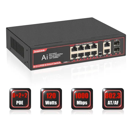 Switch 8x Poe +2 Puertos Fibra +2 Ptos Sfp Ul. Total 12 Ptos