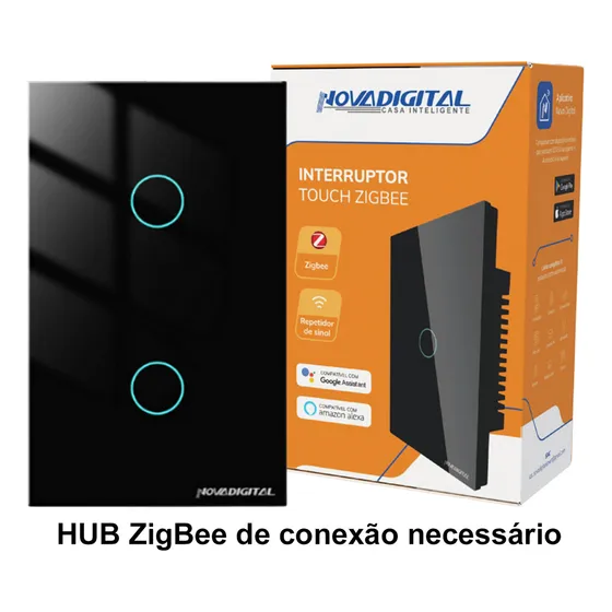 Interruptor Inteligente ZigBee NovaDigital 2 Teclas Botões Touch Tuya Smart Life Alexa Google 110V 220V Bivolt Preto