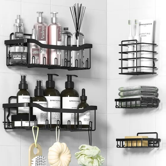 Set X5 Organizador Ducha Estante Repisa Para Baño Con Adhesivo Sin Peforacion Pegatina + 2 Jaboneras + Porta Cepillo Dientes Apto Para Cocina Ducha Baño Estante Para Shampoo Levys Bazar Color Negro