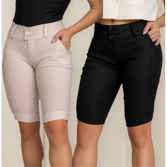 Kit-2 Bermuda Feminina Bengaline Cintura Alta Confortável