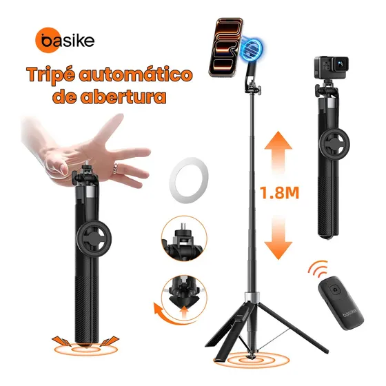 Basike 1.8m Tripé Magnético Autoabre, Tripé Celular Universal portatil com Controle Remoto Bluetooth