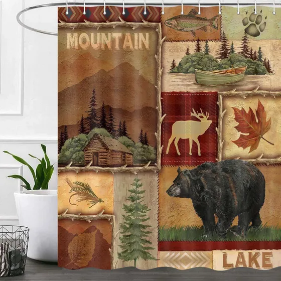 Cortina Ducha Rustica Oso Cabaña Lago Alce Para Baño Campo X