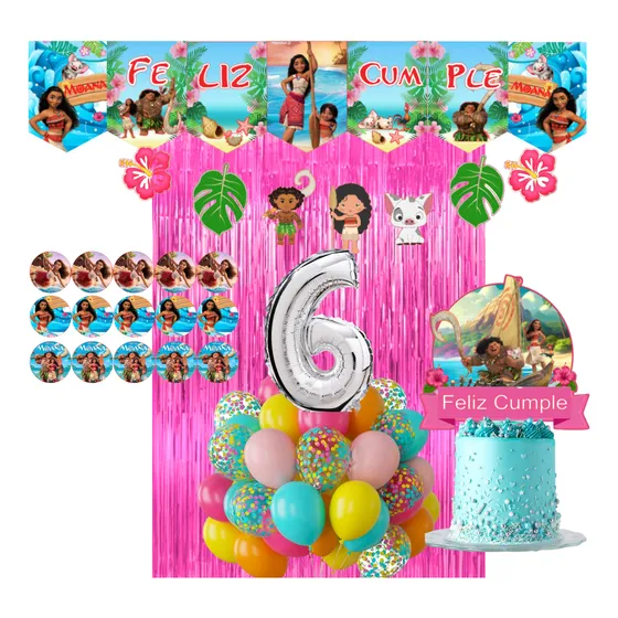 Combo Globos Moana 2 Deco Banderin Stickers Toppers Guirnald