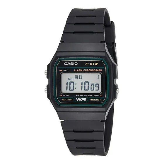 Reloj de pulsera Casio Collection F-91W-3DG de cuerpo color negro, digital, para hombre, fondo gris, con correa de resina color negro, dial negro, bisel color verde y hebilla sim