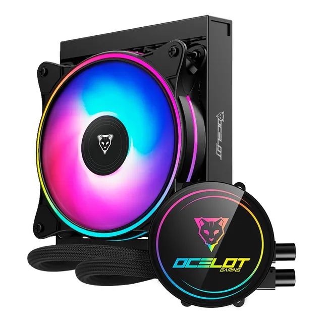 Enfriamiento Líquido Gamer Ocelot Disipador Ventilador de 120mm Iluminación ARGB Color Negro Modelo OEL120