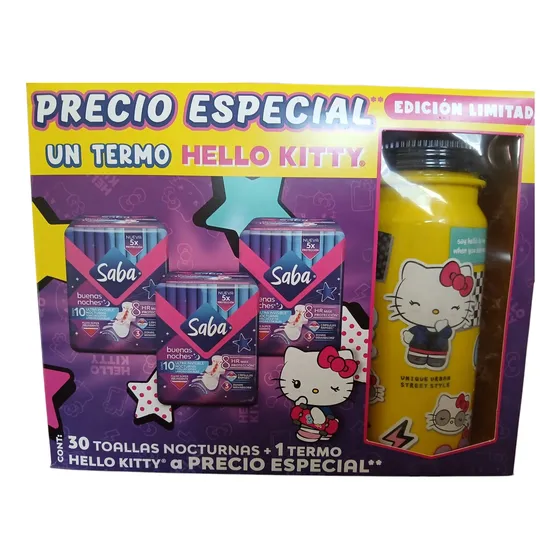 Termo Hello Kitty Con Popote Para Agua +30 Toallas Nocturna