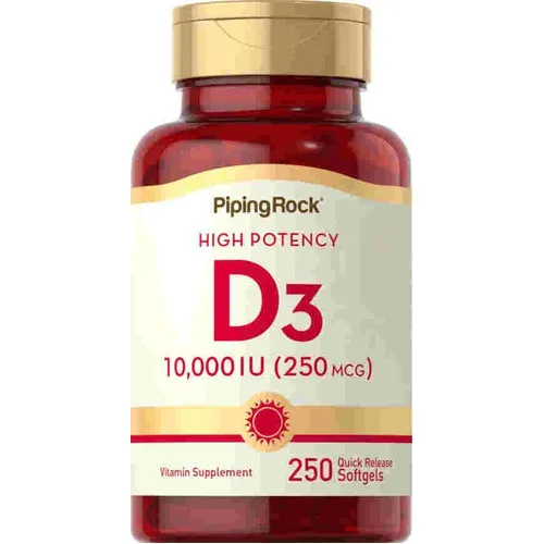 Vitamina D3 10000 UI, 250 cápsulas blandas sin sabor Pipingrock