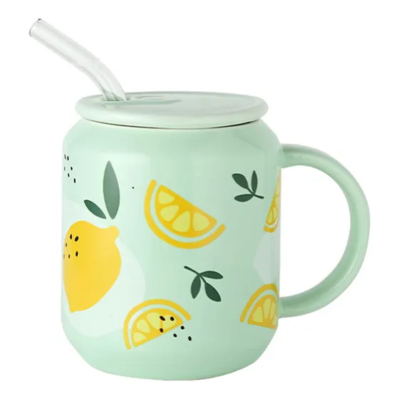 Taza Porcelana Tapa Paja Agua 13 Onza Asa Diseño Limon