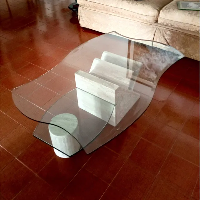 Mesa De Centro Cristal 8mm Y 2 Bases De Marmol 120 X 80