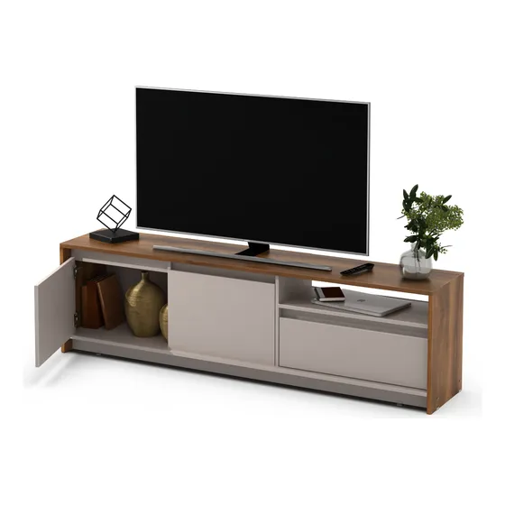 Mueble De Tv Rack Mesa Para Tv Hasta 80'' Con 2 Puertas 1 Cajón Melamina 180cm Color Nogal Gris Arcilla Moderno Dielfe Rcn180