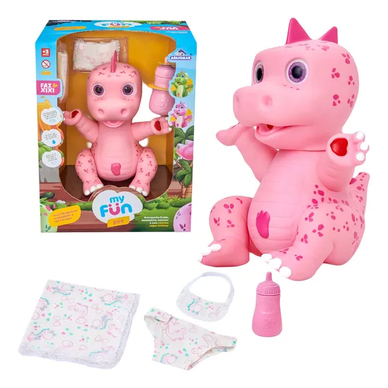 Boneco Dinossauro Faz Xixi Rosa + Mamadeira Fralda E Babador