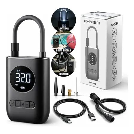 Compressor De Ar Digital Mini Portátil Recarregável Usb-c Para Pneus De Bicicleta Moto Carro Bolas Infláveis Preto 127/220v 60 Hz Monofásica