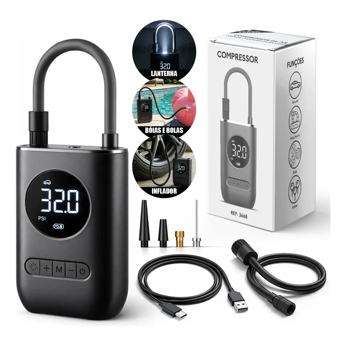 Mini compressor portatil USB C para pneus e bolas