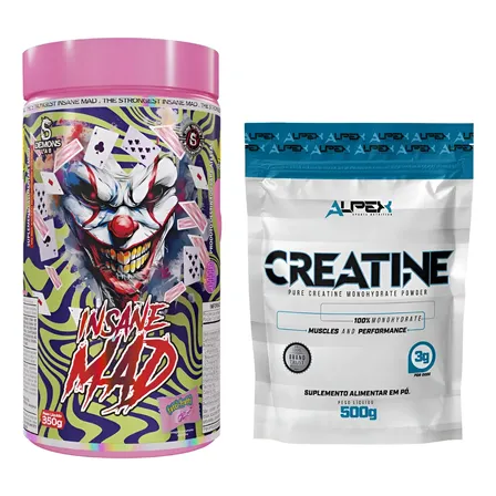 Kit Pré Treino Insane Mad 350g Demons + Creatina 500g Alpex Tutti Fruit