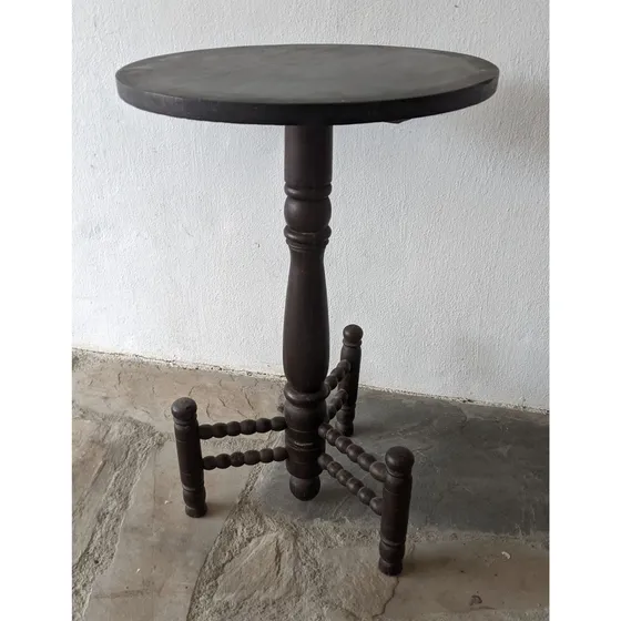Mesa Circular Auxiliar Antigua De Madera, Patas Torneadas