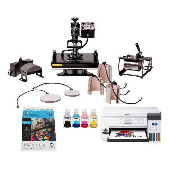 Maquina Estampadora Sublimar 8en1 + Impresora F170 + Tintas + Papel Color Sublime - Estampadora Plancha Plana 38x29cm Tazas Gorra Remera Estampar Transfer Teflonada 220V Personalización Profesional