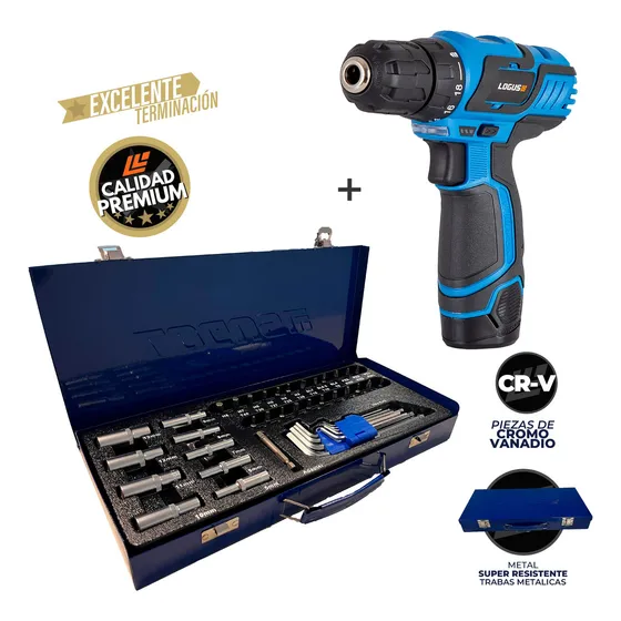 Kit Taladro Atorn Inalambrico Logus 12v+set Piezas Cuot Color Azul Frecuencia 12v