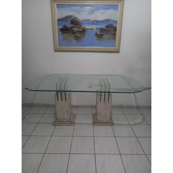 Mesa De Jantar Tampo De Vidro Com Bases Em Granito/mármore